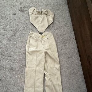 PrettyLittleThing Cream Wide Leg Pants and top Set size Small